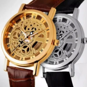 AlRashid Shopping Store Double Sided Glass Transparent Skeleton Gold Watch Brown Leather Strap Watch For Man/Boys