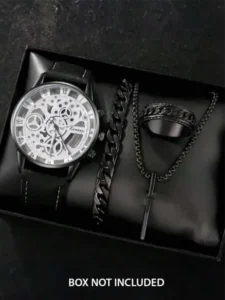 Pack of 4 Black Watch, Chain Bracelet, Ring, Bar Locket Set for Men/Boys