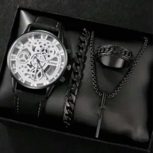 Pack of 4 Black Watch, Chain Bracelet, Ring, Bar Locket Set for Men/Boys