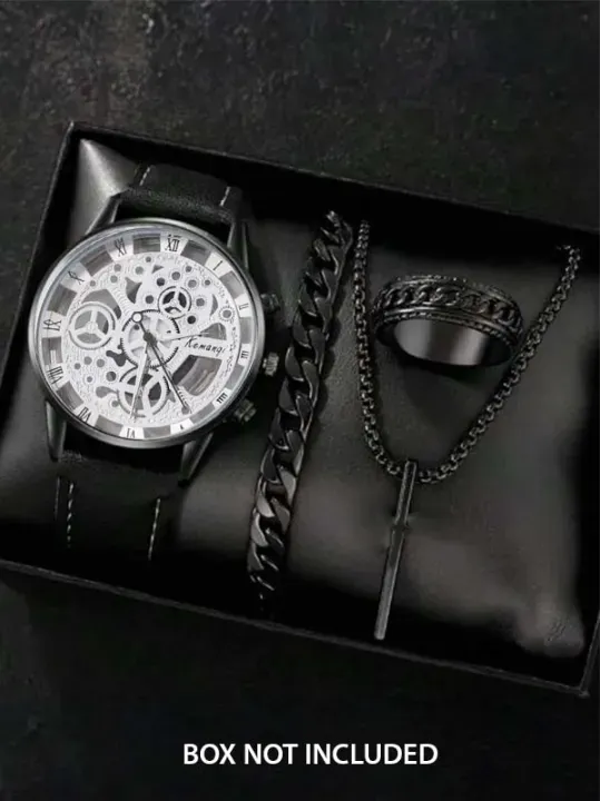 Pack of 4 Black Watch, Chain Bracelet, Ring, Bar Locket Set for Men/Boys